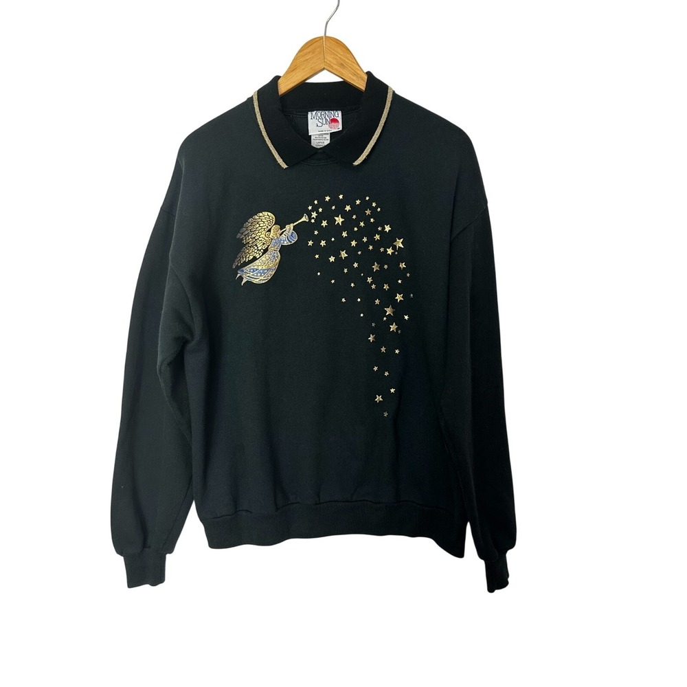 Morning Sun Collared Sweatshirt Women's Large Black Angel Stars Cottage Vintage